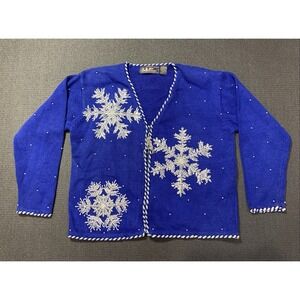 BellePointe Cardigan Size‎ Large Blue Sweater Winter Beaded Snowflakes Vintage